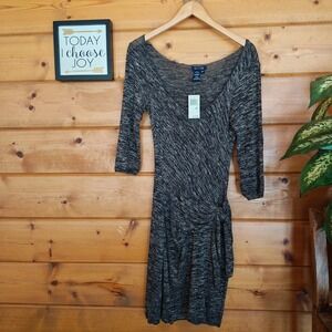Max Edition NWT Black Khaki Marled Faux Wrap Side Tie Dress Stretchy Petite Sz M